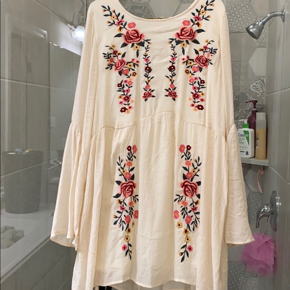 Peasant Embroidered Rose Mini Dress